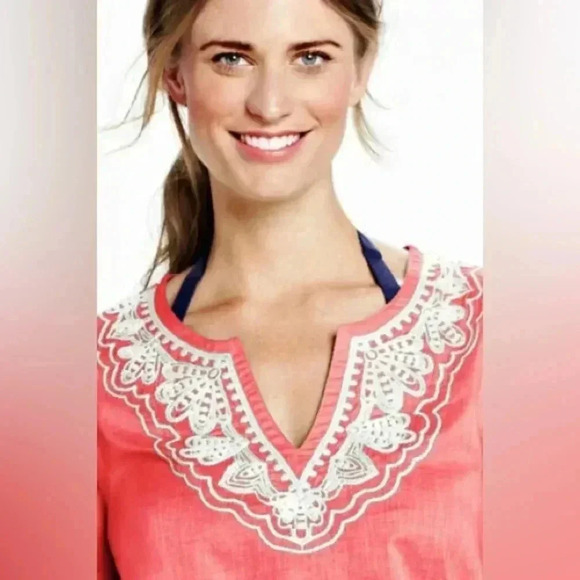 Lands’ End Orange Sherbet Cotton Embroidered Swimsuit Coverup Size M Medium - Picture 2 of 5